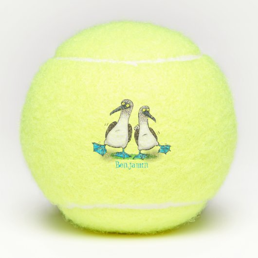 Grappig, gelukkig blauw gefundeerde cartoon die op tennisballen (Voorkant)