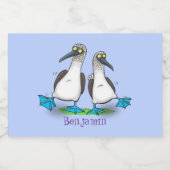 Grappig, gelukkig blauw gefundeerde cartoon die op voedselcontainer etiket (Enkel label)