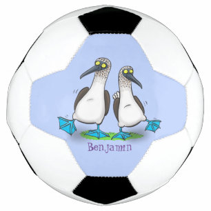 Grappig, gelukkig blauw gefundeerde cartoon die op voetbal