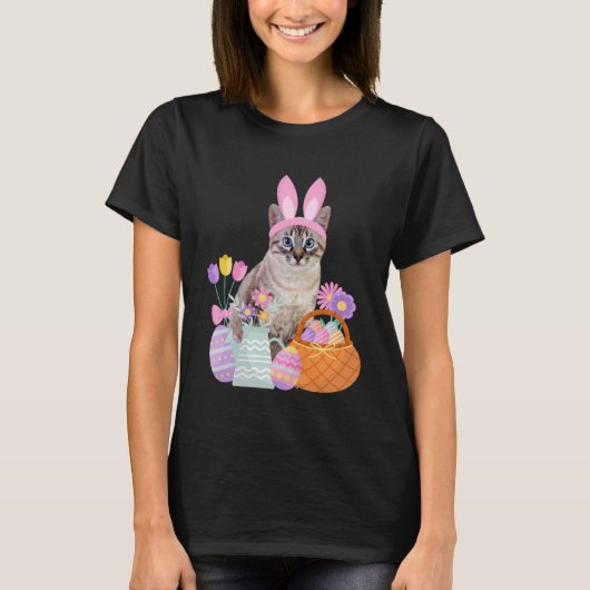 Grappig gelukkig Pasen schattig kat konijntje eier T-shirt (Voorkant)