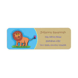 Grappig, gelukkige leeuw met vlindervliegende cart etiket