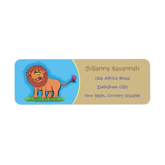 Grappig, gelukkige leeuw met vlindervliegende cart etiket (Voorkant)