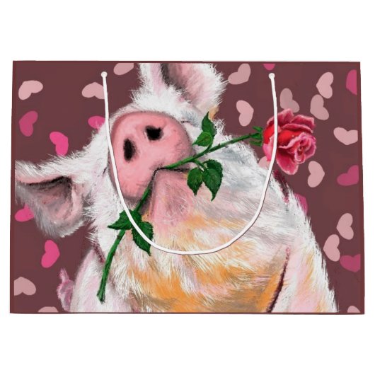 Grappig Gentleman Pig met Roos Gift Bag Groot Cadeauzakje (Voorkant)