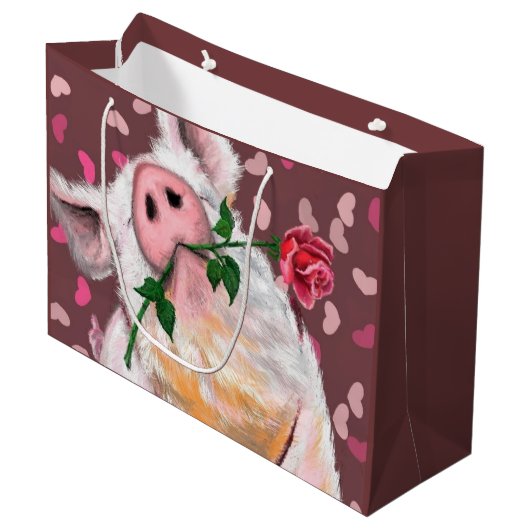 Grappig Gentleman Pig met Roos Gift Bag Groot Cadeauzakje (Voorkant Gekanteld)