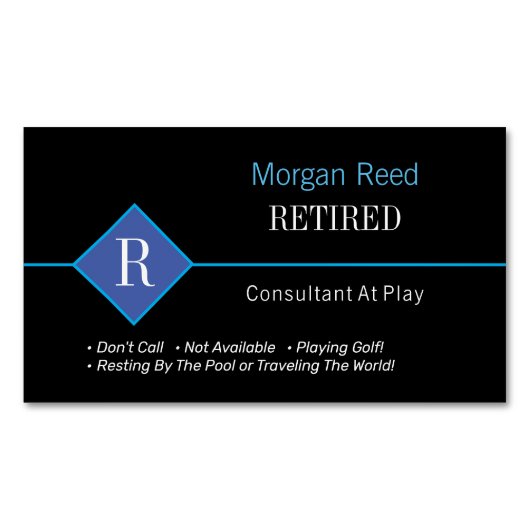 Grappig Gepensioneerd, Zwart & Blauw, DIY Gag Magnetisch Visitekaartje (Voorkant)