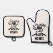 Grappig gepersonaliseerd roken Hot Grill Master Ovenwant & Pannenlap Set (Voorkant)