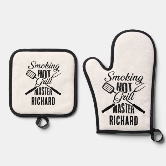Grappig gepersonaliseerd roken Hot Grill Master Ovenwant & Pannenlap Set (Voorkant)