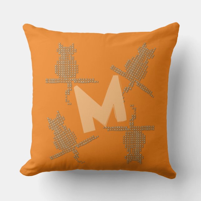 Grappig gestikt effect Katten Monogram Kussen (Voorkant)