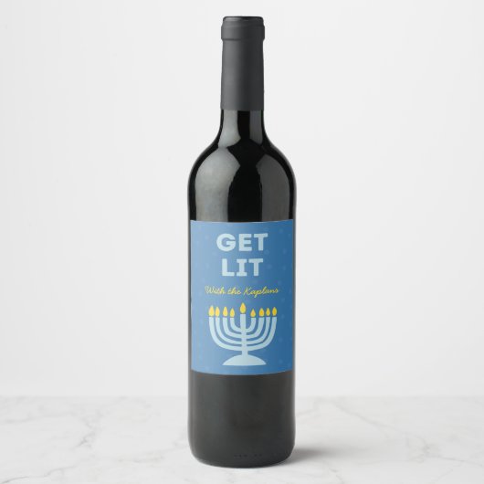 Grappig "Get Lit" Chic Gepersonaliseerde Menorah C Wijn Etiket (Voorkant)