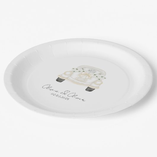 Grappig gewoon getrouwd auto custom bruiloft papieren bordje (Gekanteld)