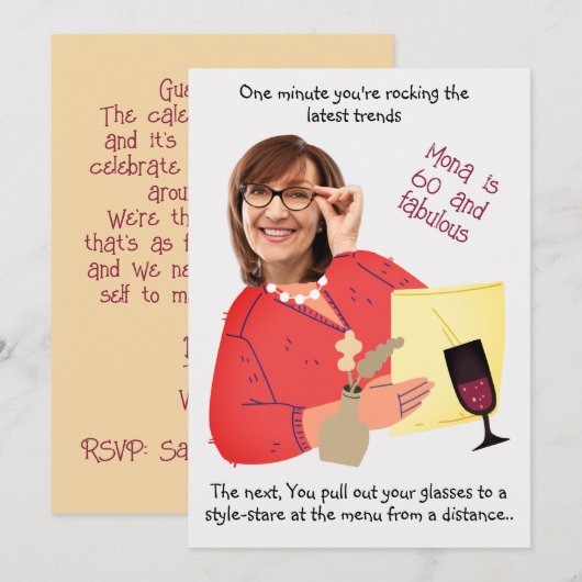 Grappig gezicht- 60 & Fabulous Whimsical Foto Verj Kaart (Voorkant / Achterkant)