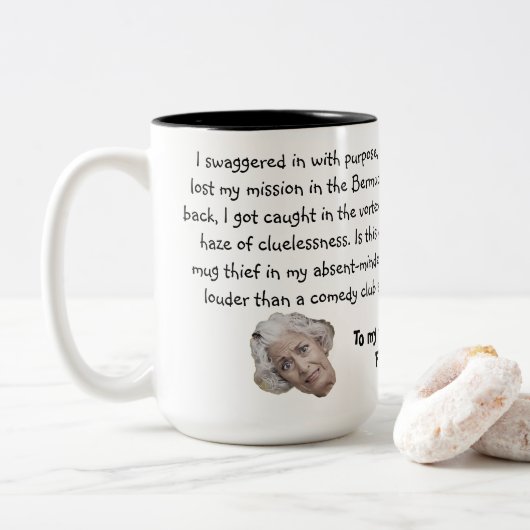 Grappig gezicht | Verspreide oma/opa amusant Tweekleurige Koffiemok (Met donut)