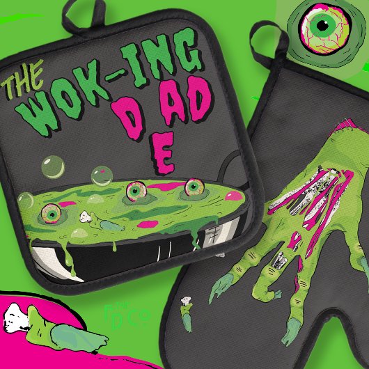Grappig Ghoulishly Delicious De Wok-ing Dad Pun Ovenwant & Pannenlap Set