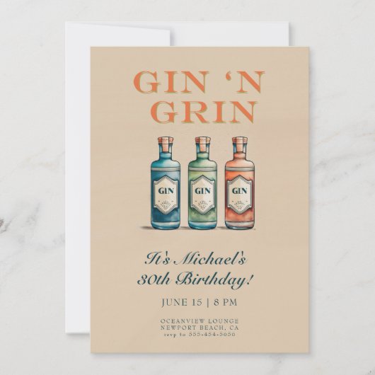 Grappig Gin n Grin Bottle Humoristische Mannen 30e Kaart (Voorkant)