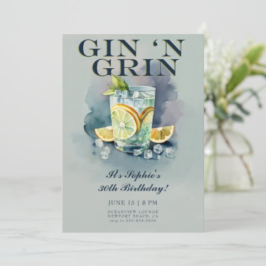 Grappig Gin n Grin Cocktail Party 30e Verjaardag Kaart (Staand voorkant)
