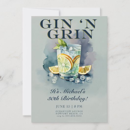 Grappig Gin n Grin Cocktail Party Mannen 30e Verja Kaart (Voorkant)