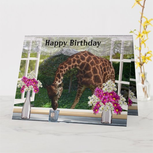 Grappig Giraffe in mijn raam, Jumbo Birthday Kaart (Gele Bloem)