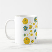 Grappig glimlach gezicht en groovy bloemen koffiemok (Links)