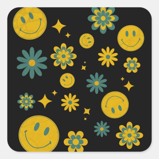 Grappig glimlach gezicht en groovy bloemen vierkante sticker (Voorkant)