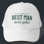 Grappig golf vrijgezellenfeest beste man slechtste trucker pet<br><div class="desc">Voor het golfthema vrijgezellenfeest, krijg een goede lach met dit gepersonaliseerde pet, ideaal voor de beste man. Het pet is voorzien van het gezegde "Best Man worst golfer", maar de groene tekst kan worden aangepast met uw woordkeuze. Vind coördinerende vrijgezellenfeestbenodigdheden en meer kleuren in de Golf and Brews voor het...</div>