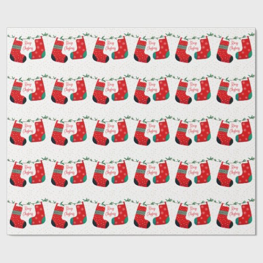 Grappig Goud Rood Wit Groen Pine Kerstmis Kous Cadeaupapier (Vlak)