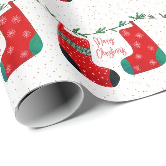 Grappig Goud Rood Wit Groen Pine Kerstmis Kous Cadeaupapier (Rol Hoek)