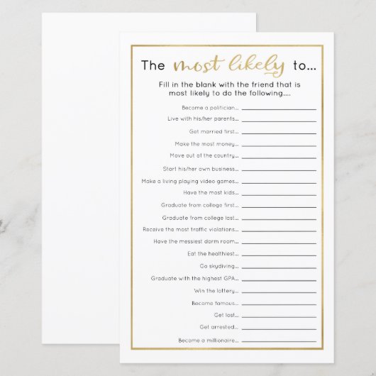 Grappig graduation Party Game - Meest waarschijnli (Voorkant / Achterkant)