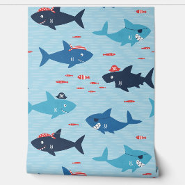 Grappig grappige haaien met piratenpetten op blauw behang