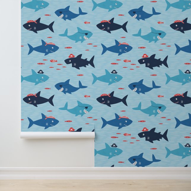 Grappig grappige haaien met piratenpetten op blauw behang (Applicatie)