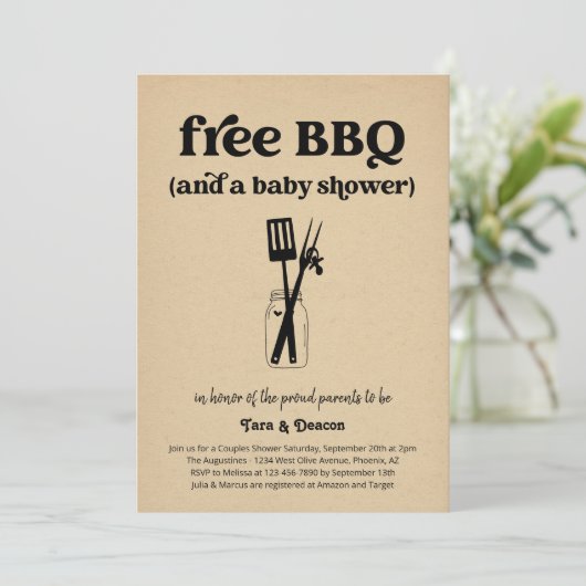 Grappig gratis BBQ-koppels Baby shower Kaart (Staand voorkant)