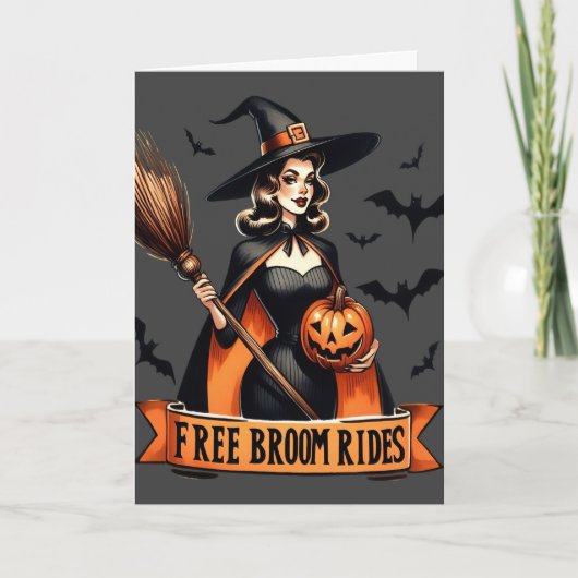 Grappig Gratis Bezem Rides Witch Halloween Feestdagen Kaart (Voorkant)
