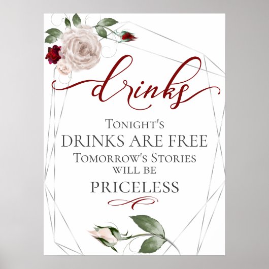 Grappig Gratis Dranken Bar Menu Bord Blush Roze Poster (Voorkant)