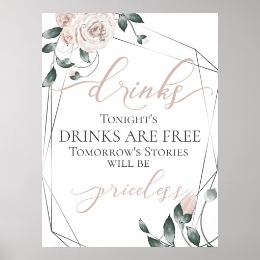Grappig Gratis Dranken Bar Menu Bord Roze Zilver Poster (Voorkant)