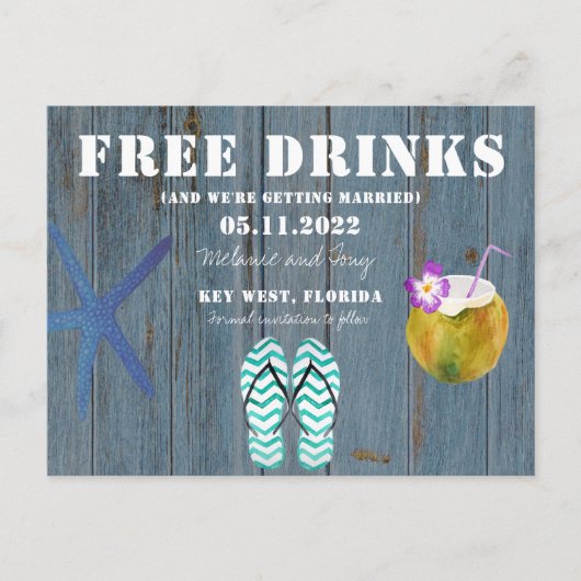 Grappig gratis Drink Beach Wedding Save the Dates Aankondigingskaart (Voorkant)