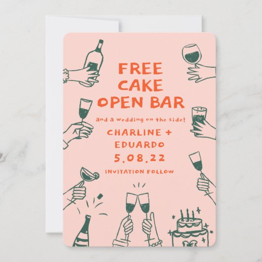 Grappig gratis taart open bar drinken retro eigent save the date (Voorkant)