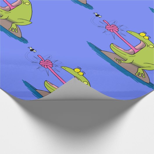 Grappig groen kikker- en vliegpatroon cartoon cadeaupapier (Hoek)