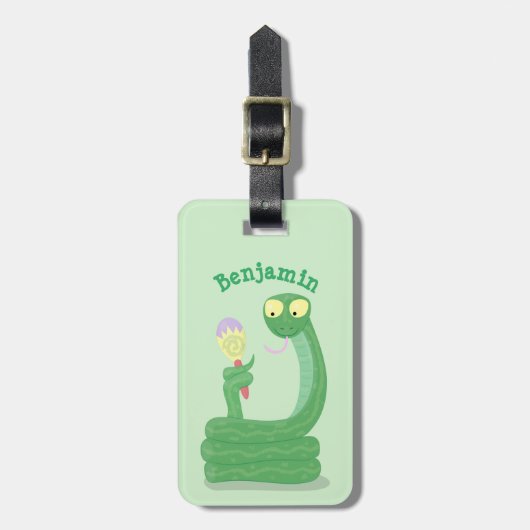 Grappig groene slang met maraca-cartoon bagagelabel (Voorkant verticaal)