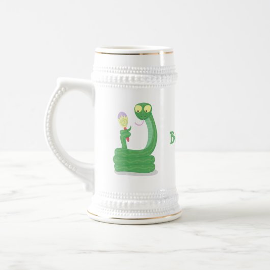 Grappig groene slang met maraca-cartoon bierpul (Links)