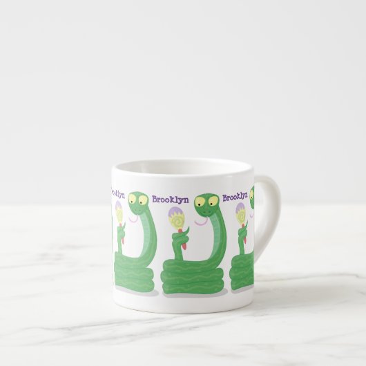 Grappig groene slang met maraca-cartoon espresso kop (Voorkant rechts)