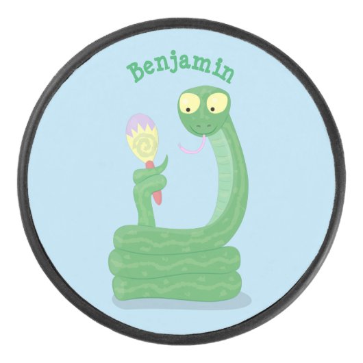 Grappig groene slang met maraca-cartoon hockey puck (Voorkant)