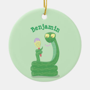 Grappig groene slang met maraca-cartoon keramisch ornament