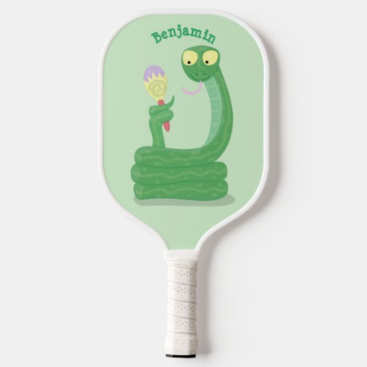 Grappig groene slang met maraca-cartoon pickleball paddle (Achterkant)