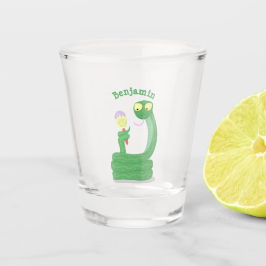 Grappig groene slang met maraca-cartoon shot glas (Voorkant)