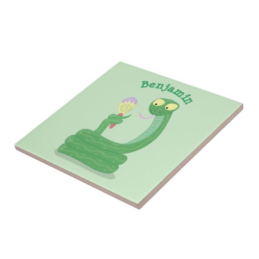 Grappig groene slang met maraca-cartoon tegeltje (Zijkant)