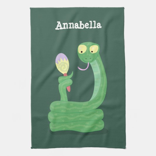 Grappig groene slang met maraca-cartoon theedoek (Verticaal)