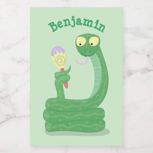 Grappig groene slang met maraca-cartoon voedselcontainer etiket (Enkel label)