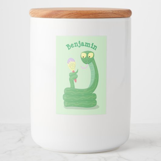 Grappig groene slang met maraca-cartoon voedselcontainer etiket (Voorkant)