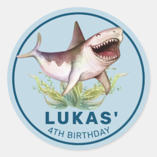 Grappig haai blauwe oceaan thema kinderen verjaard ronde sticker