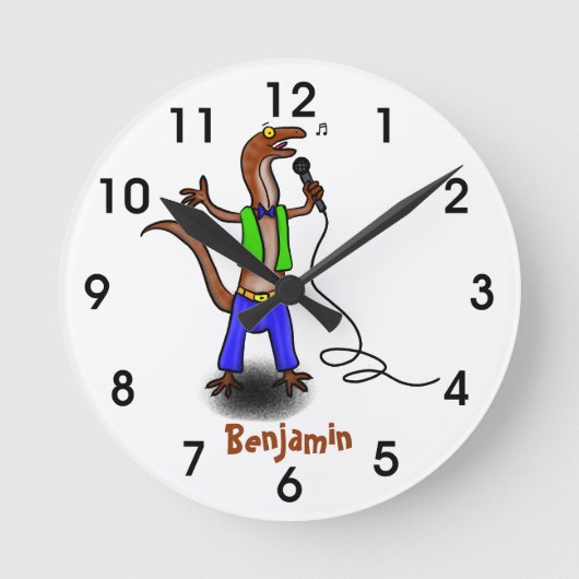 Grappig hagedis met cartoon van microfoon ronde klok (Voorkant)