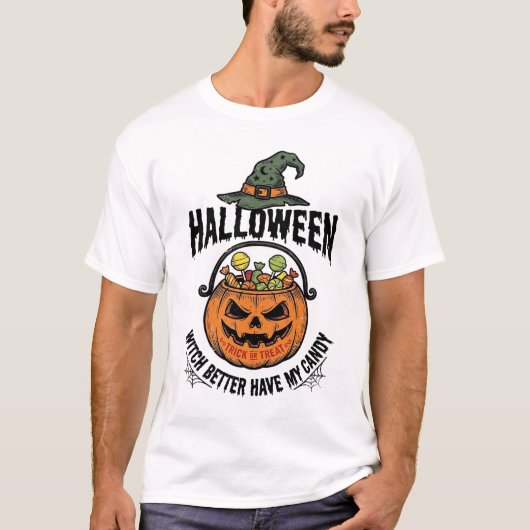 Grappig Halloween Heks Snoep Pompoen Shirt Ontwerp (Voorkant)